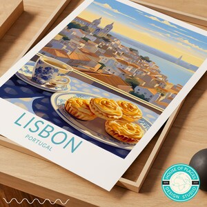 May include: A vintage travel poster featuring a scenic view of Lisbon, Portugal, with a cup of coffee and pastries on a table in the foreground. The poster has the text "LISBON PORTUGAL" in blue and white.