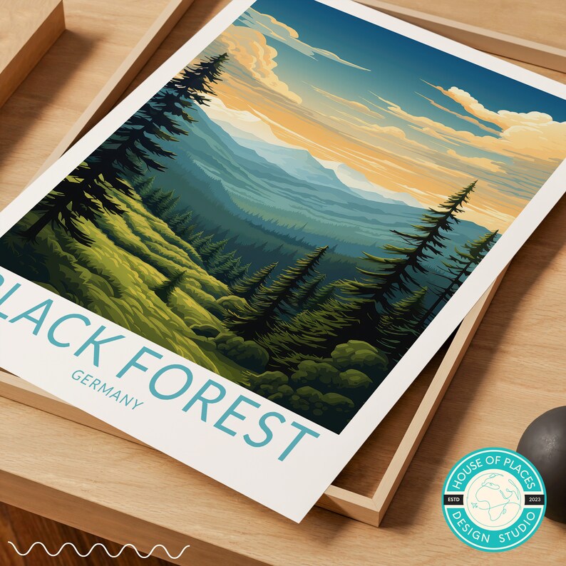 May include: A vintage travel poster design featuring a scenic view of the Black Forest in Germany. The poster has a blue and white color scheme with the text "Black Forest Germany" at the bottom.