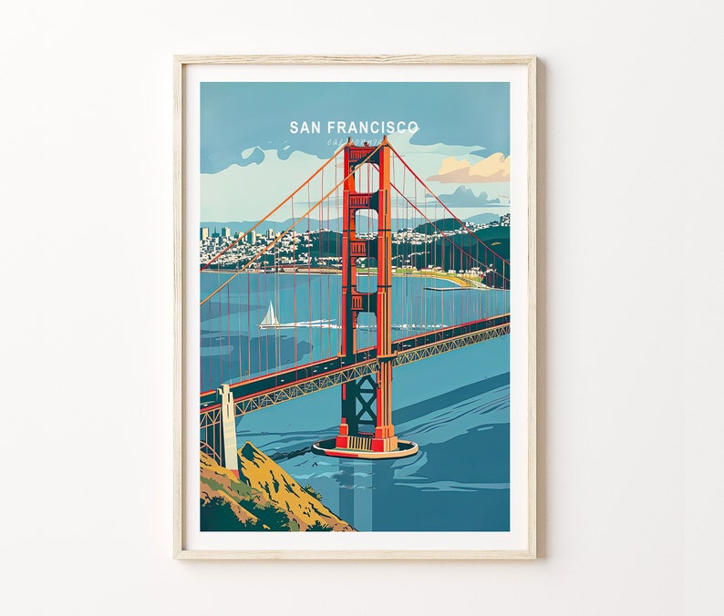 May include: A vintage travel poster featuring a red and orange Golden Gate Bridge with the text "SAN FRANCISCO" in a white box above the bridge.