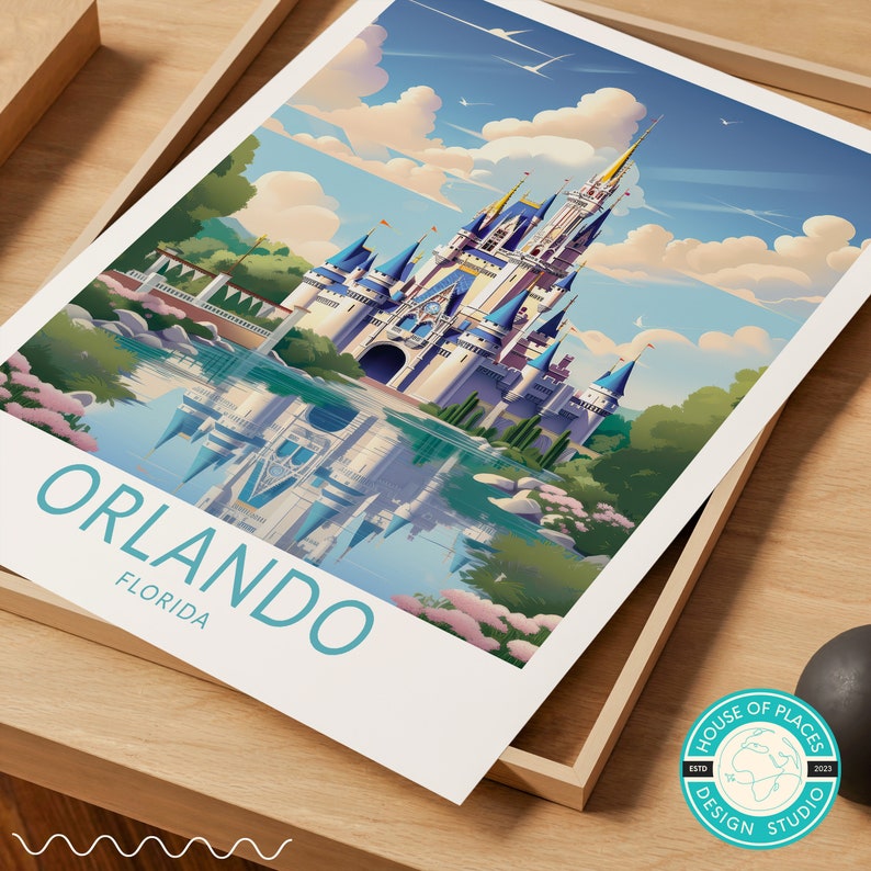 May include: A vintage-style travel poster featuring a colourful illustration of Cinderella's Castle at Walt Disney World in Orlando, Florida. The text "ORLANDO FLORIDA" is printed in blue at the bottom of the poster.