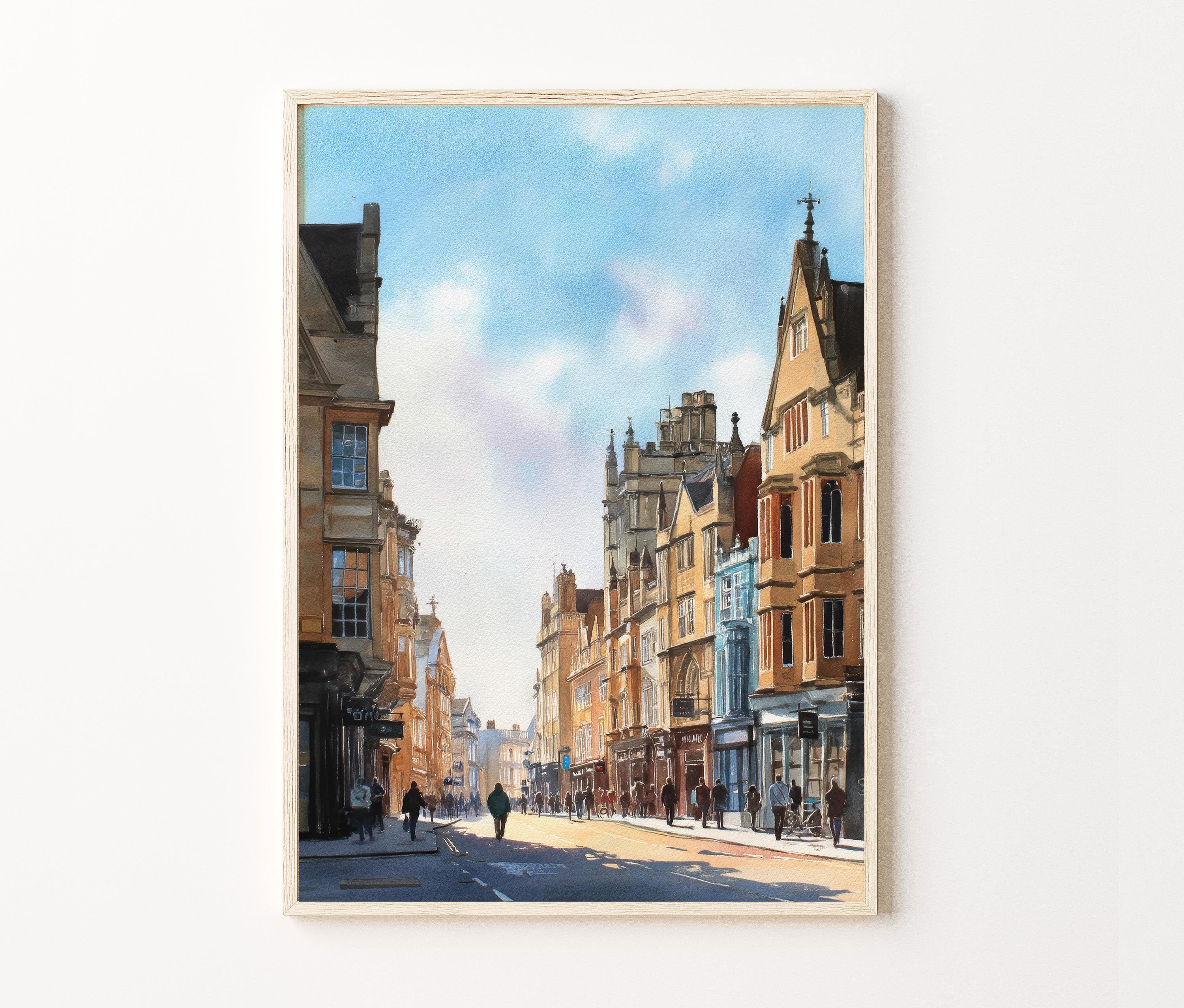 Oxford England Watercolor Print – Historic City Street Scene Wall