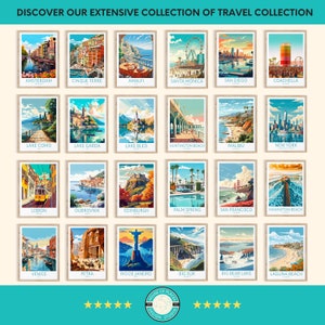 Puede incluir: Un collage de 24 ilustraciones coloridas de diferentes ciudades y monumentos de todo el mundo. Cada ilustraci&oacute;n est&aacute; enmarcada en un borde blanco con un t&iacute;tulo debajo. Las ilustraciones est&aacute;n dispuestas en una cuadr&iacute;cula de cuatro filas y seis columnas. El t&iacute;tulo del collage es "Discover Our Extensive Collection of Travel Collection".
