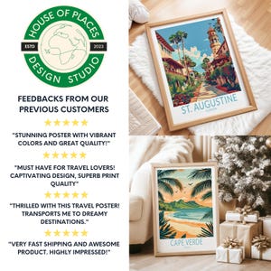 May include: Two framed travel art prints. One shows a street scene in St. Augustine, Florida, with palm trees and a tower. The other depicts a beach scene in Cape Verde. Both prints are in wooden frames and are displayed on a white surface.