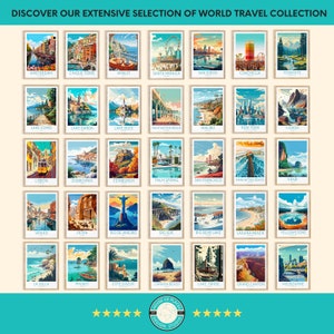 May include: A collection of 36 illustrated travel posters featuring various destinations around the world. Each poster has a unique design with a colorful background and a stylized illustration of a landmark or scene from the location. The posters are arranged in a grid format with the names of the destinations listed below each poster.