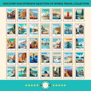 May include: A collection of 36 illustrated travel posters featuring various destinations around the world. Each poster has a unique design with a colourful background and a stylised illustration of a landmark or scene from the location. The posters are arranged in a grid format with the names of the destinations listed below each poster.