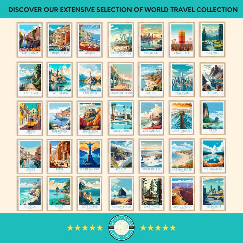May include: A collection of 36 illustrated travel posters featuring various destinations around the world. Each poster has a unique design with a colourful background and a stylised illustration of a landmark or scene from the location. The posters are arranged in a grid format with the names of the destinations listed below each poster.