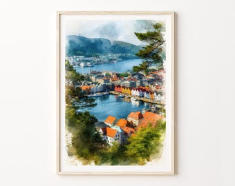 Bergen Norway Watercolor Travel Poster Print, Scandinavian Harbor Coastal City Wall Art