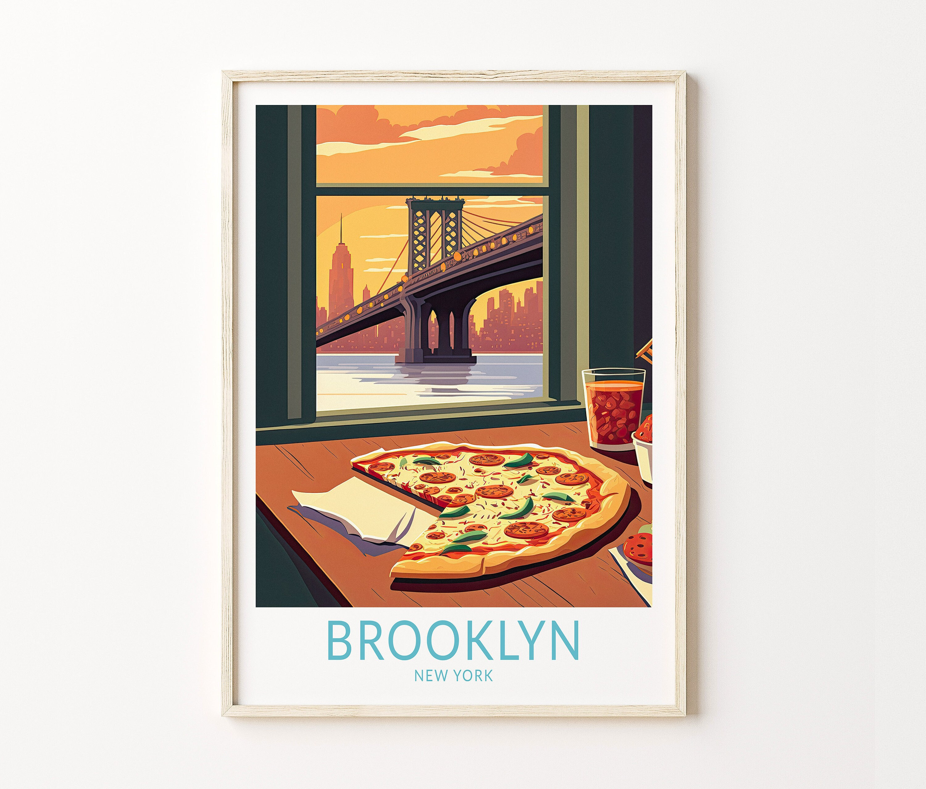 New York Brooklyn Food and Travel Print, New York Pizza Poster