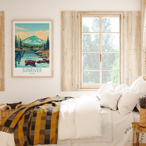 May include: A vintage-style travel poster with a mountain lake scene. The poster features a mountain range, a lake with a red canoe, and the text "SUNRIVER OREGON".