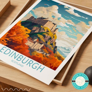 May include: A vintage travel poster design featuring a colorful illustration of Edinburgh Castle in Scotland. The castle is perched atop a rocky hill with a backdrop of a blue sky and fluffy white clouds. The text "EDINBURGH" is written in a bold, blue font with "SCOTLAND" written in a smaller font below.