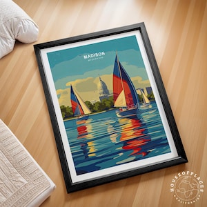 Madison Wisconsin Travel Print, Wisconsin Travel Poster, Madison Travel Wall Art, Minimalist Cityscape, Wedding Gifts