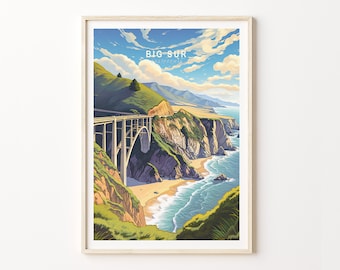 May include: A vintage-style travel poster featuring a scenic view of Big Sur, California. The poster depicts a bridge over a winding road, with a coastline and ocean in the background. The text "BIG SUR, CALIFORNIA" is displayed at the top of the poster.