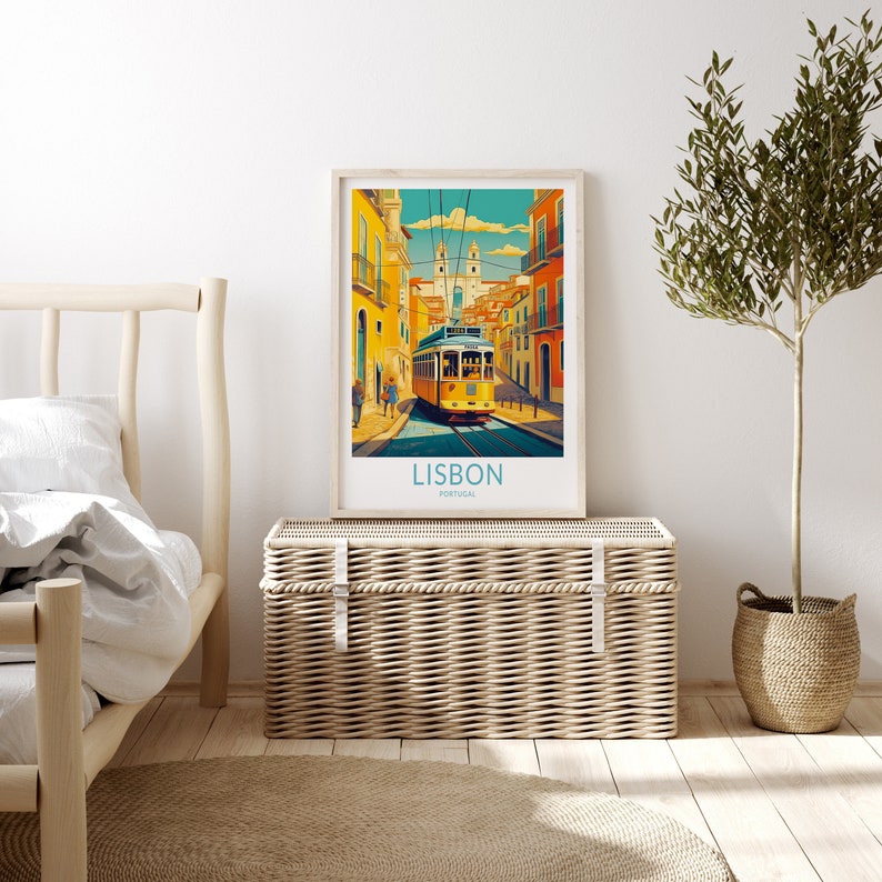 May include: A vintage-style travel poster featuring a yellow tram traveling up a hill in Lisbon, Portugal. The poster has a blue and teal color scheme with a white border.