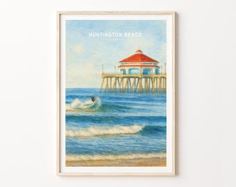 Huntington Beach – Watercolor Travel Poster Print California Surfer Pier Ocean Wall Art Decor