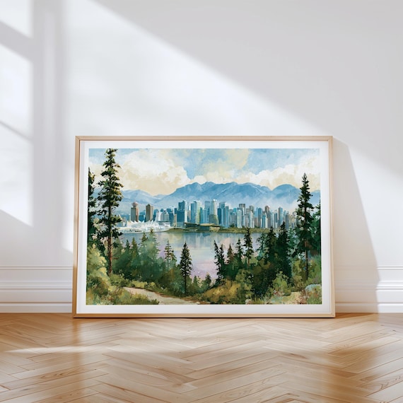 Vancouver Canada Watercolor Poster, Mountain Skyline Print, Travel Wall Art