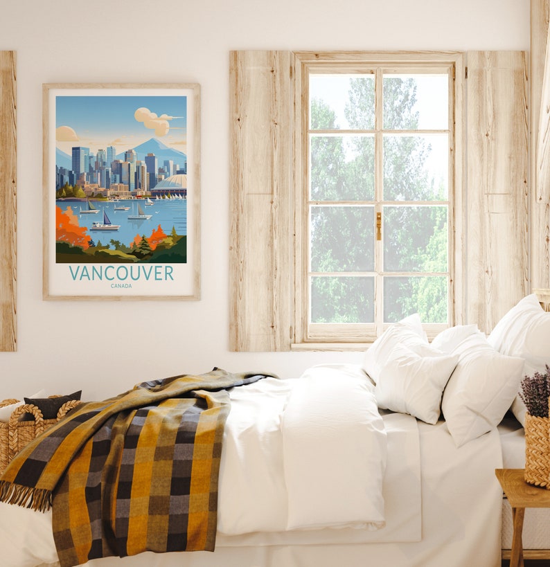 May include: A framed poster featuring a colourful illustration of the Vancouver skyline, showcasing the city's famous buildings and harbour. The poster is titled "Vancouver, Canada".