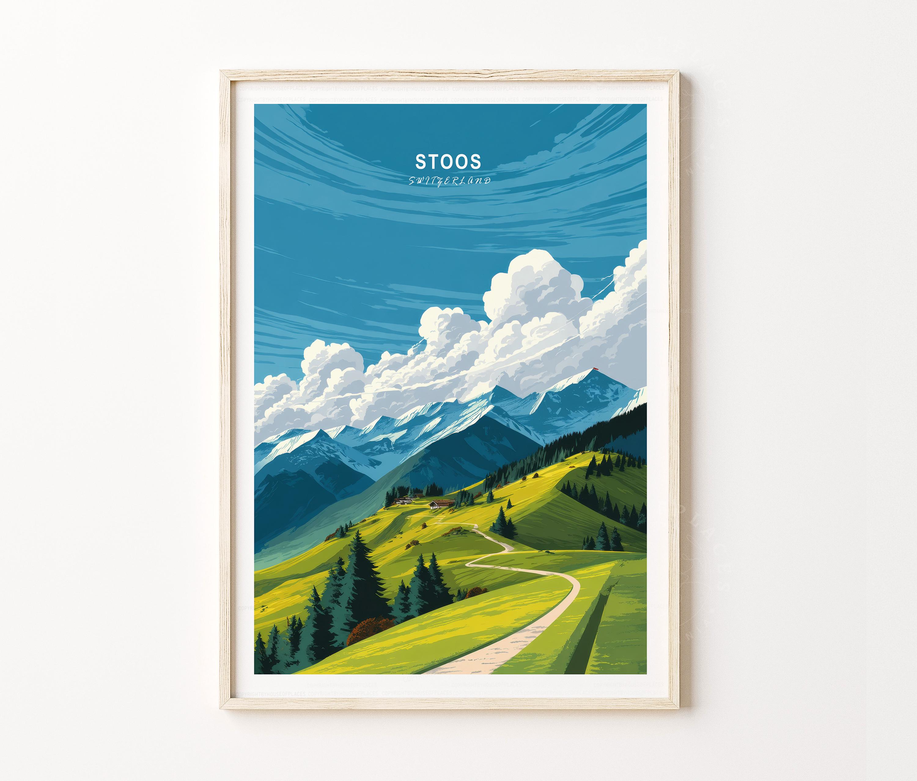 Stoos Switzerland Travel Poster, Scenic Alpine Hills Mountain Wall