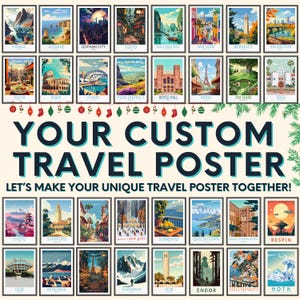 K&ouml;nnte beinhalten: Eine Collage von Reiseplakaten mit verschiedenen Zielen auf der ganzen Welt, darunter St&auml;dte, Sehensw&uuml;rdigkeiten und Naturlandschaften. Die Poster sind im Retro-Stil mit leuchtenden Farben und kr&auml;ftiger Typografie gehalten. Der Text "Your Custom Travel Poster" ist in gro&szlig;er Schrift am unteren Rand der Collage dargestellt.