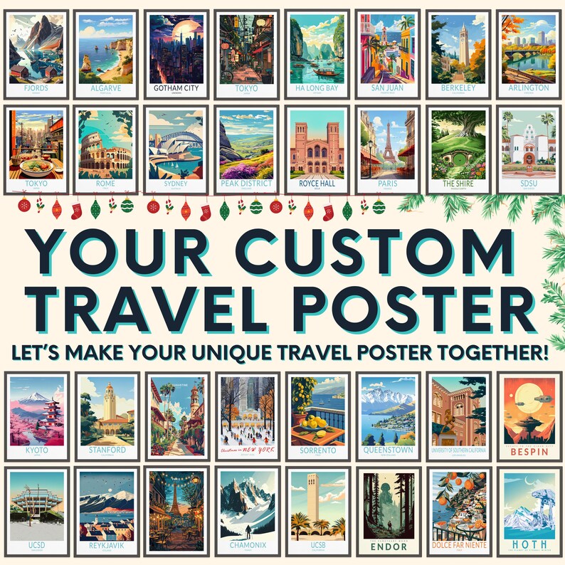 K&ouml;nnte beinhalten: Eine Collage von Reiseplakaten mit verschiedenen Zielen auf der ganzen Welt, darunter St&auml;dte, Sehensw&uuml;rdigkeiten und Naturlandschaften. Die Poster sind im Retro-Stil mit leuchtenden Farben und kr&auml;ftiger Typografie gehalten. Der Text "Your Custom Travel Poster" ist in gro&szlig;er Schrift am unteren Rand der Collage dargestellt.
