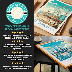 May include: A collection of four framed travel posters featuring vibrant colours and cityscapes. The posters depict Santa Monica, California, New York City, and a third city with a Ferris wheel. The posters are displayed on a wooden table against a black background. The text "House of Places Design Studio" is displayed in a circle with a globe icon in the centre. The text "Feedbacks from our previous customers" is displayed below the circle. Four customer reviews are displayed below the text. The reviews are all five stars and include positive comments about the posters.