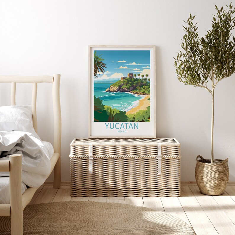 K&ouml;nnte beinhalten: Ein gerahmtes Poster mit einer farbenfrohen Illustration einer Strandszene in Yucatan, Mexiko. Das Poster tr&auml;gt den Text "Yucatan, Mexiko" am unteren Rand.
