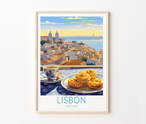 Lisbon Portugal Travel Poster, Lisbon Poster Print, Lisbon Train Wall Art, Portugal Pastel de Nata Lisbon, Food and Travel