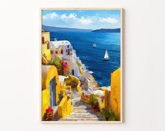 サントリーニ島旅行ポスター、ギリシャ油絵プリント、地中海沿岸の壁画、ギリシャの島の装飾、サントリーニ島のプリント