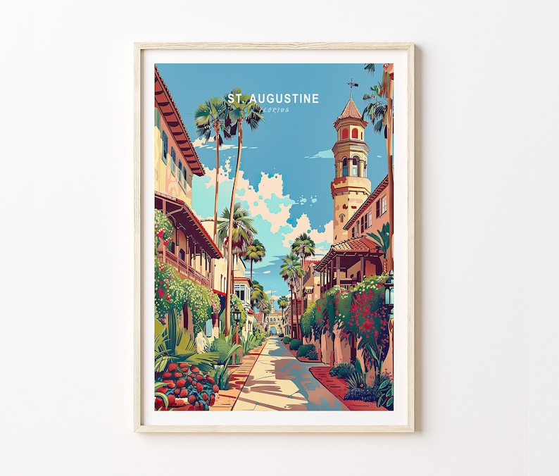 May include: A colorful illustration of a street scene in St. Augustine, Florida. The street is lined with buildings and palm trees, and a tall tower is visible in the distance. The text "ST. AUGUSTINE, FLORIDA" is printed at the top of the image.