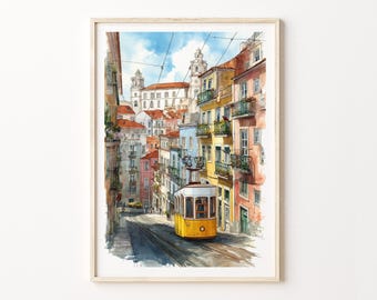 Poster acquerello di Lisbona, Portogallo / Stampa artistica da parete con viaggio in tram storico