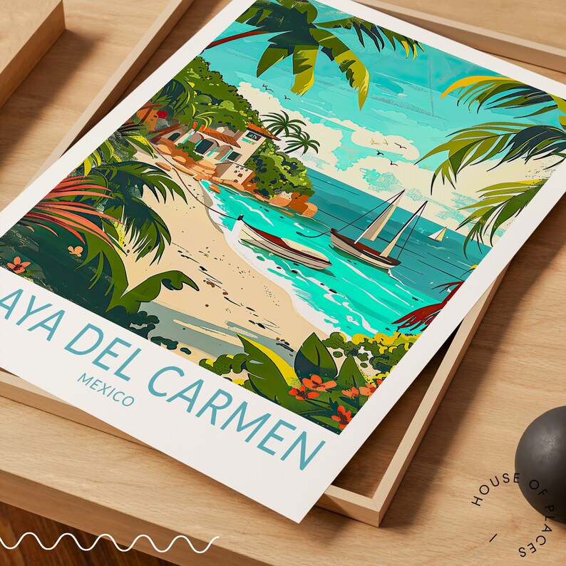 May include: A colorful illustration of a beach scene with palm trees, a white sandy beach, turquoise water, and sailboats. The text "Playa Del Carmen, Mexico" is printed at the bottom of the image.