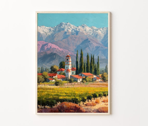 Mendoza Argentina Oil Painting Travel Poster – Vineyard Andes