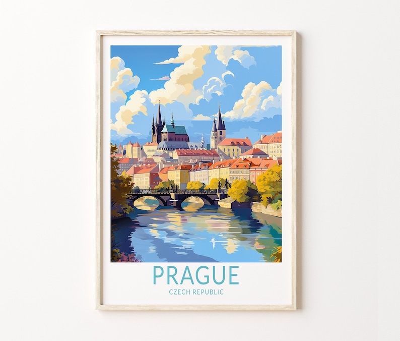 Puede incluir: Una ilustraci&oacute;n colorida de Praga, Rep&uacute;blica Checa, que presenta una ciudad con un puente sobre un r&iacute;o y una iglesia en el fondo. El texto "PRAGA" y "REP&Uacute;BLICA CHECA" est&aacute; impreso debajo de la imagen.
