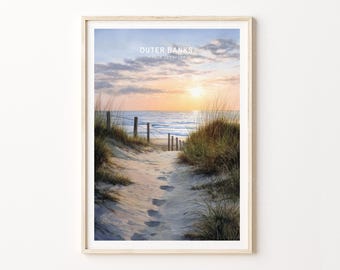 Outer Banks, Carolina del Nord – Stampa di poster di viaggio con pittura a olio, decorazione da parete per spiaggia costiera