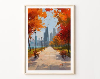 Chicago Illinois Oil Painting Travel Poster Print – Autumn Lakefront Park City Skyline Wall Art