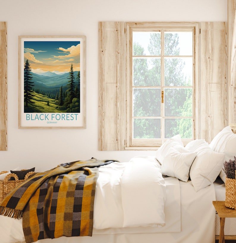 May include: A framed poster with a vintage travel illustration of a mountain range with the text "BLACK FOREST GERMANY" at the bottom.