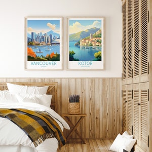 May include: Two vintage travel posters, one featuring a cityscape of Vancouver, Canada, and the other featuring a coastal town in Kotor, Montenegro.