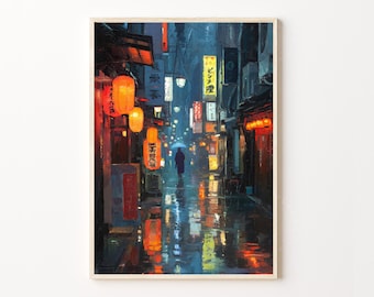 Op de afbeelding: Een kunstafdruk van een regenachtige straat in Japan. Het kunstwerk toont een persoon met een paraplu die door een natte straat loopt, omringd door gloeiende lantaarns en winkelborden. Het kleurenpalet wordt gedomineerd door blauw, oranje en geel, wat een sfeervolle atmosfeer creëert.