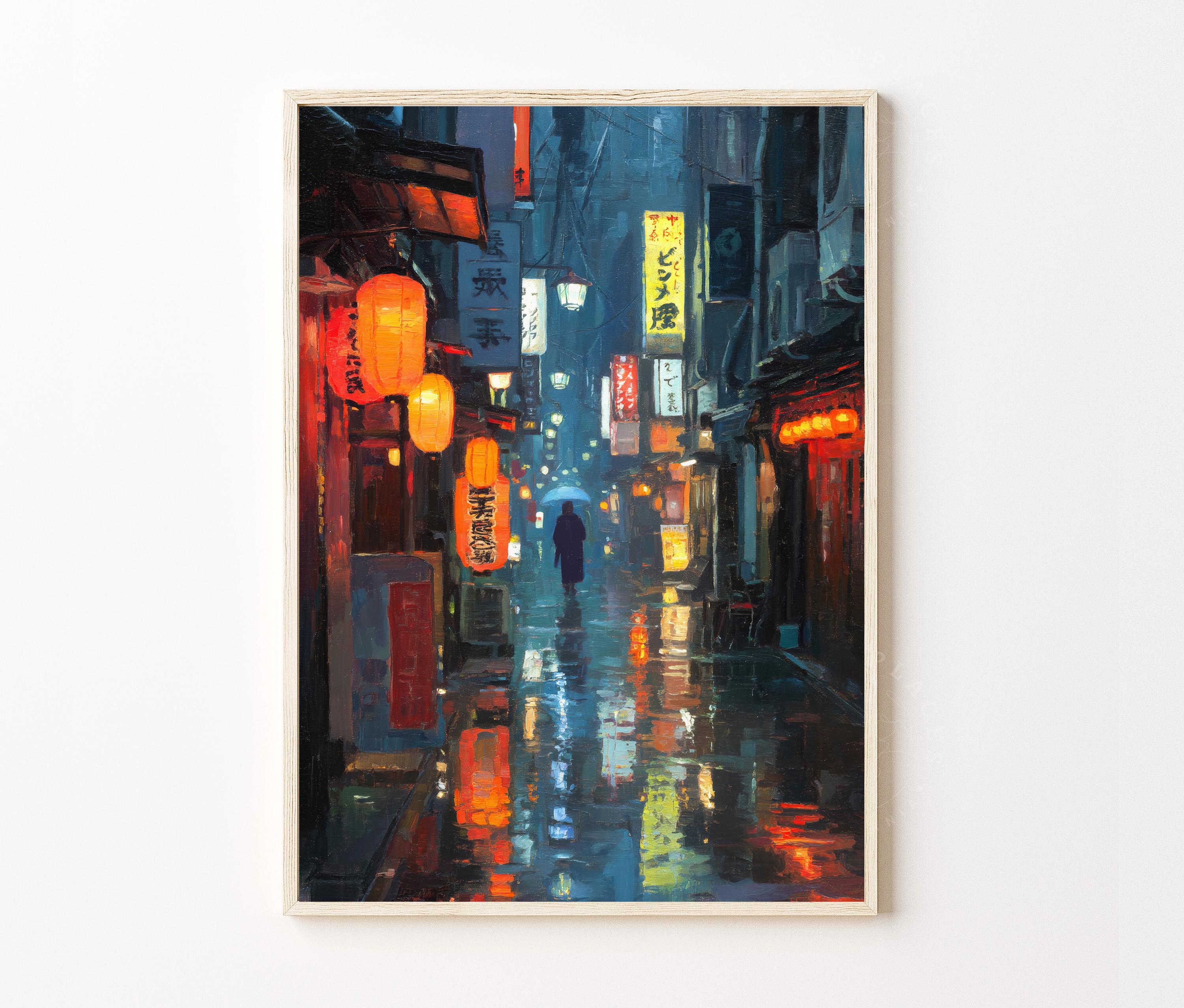 Tokyo Street at Night Travel Poster, Japan Oil Painting Print