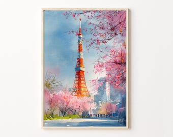 Tokyo Watercolor Travel Poster Print – Tokyo Tower Cherry Blossom Japan Wall Art