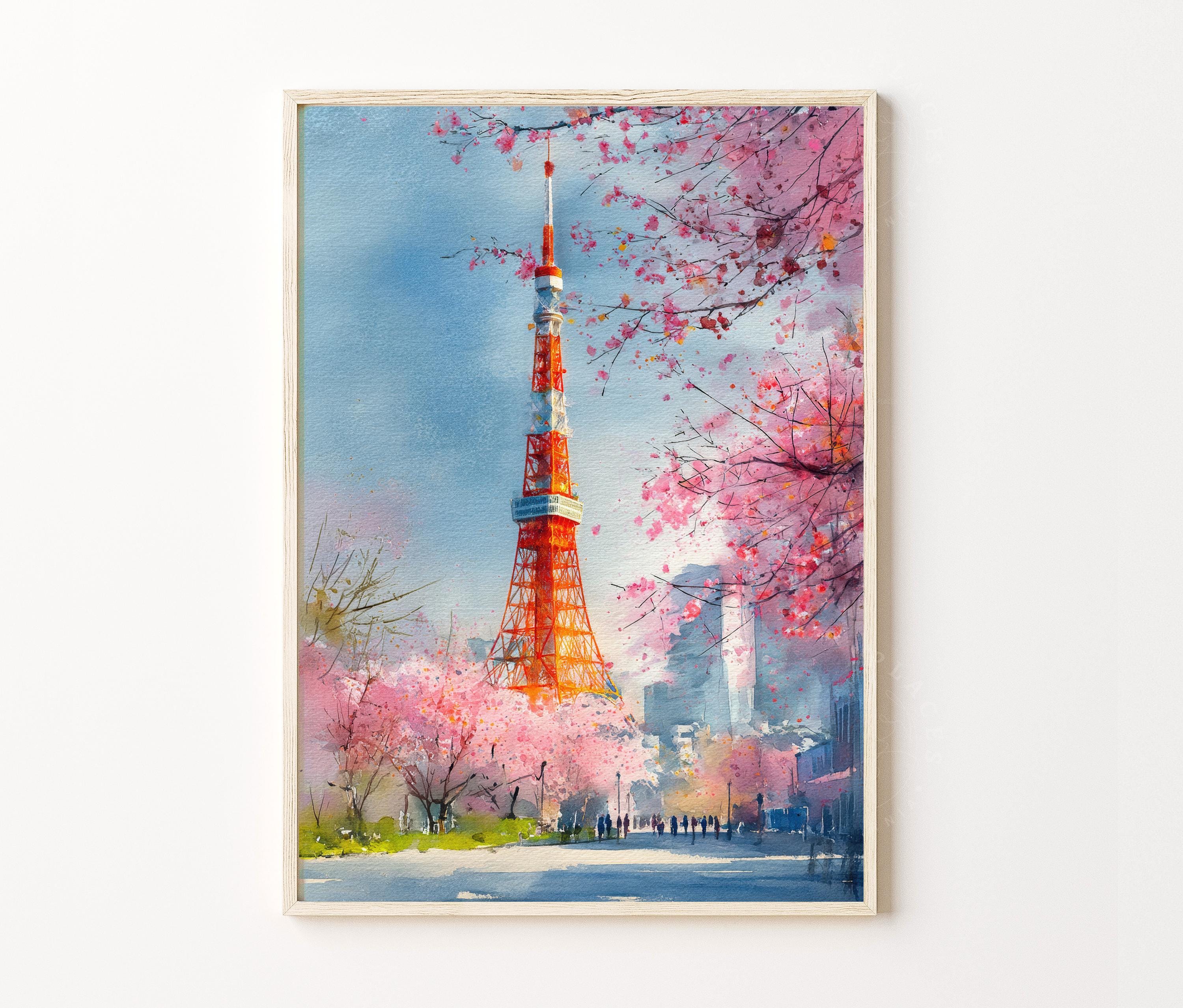東京の水彩画旅行ポスタープリント - 東京タワーの桜の日本のウォール