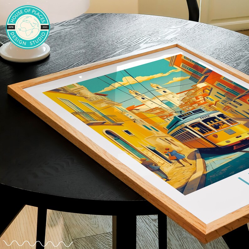 May include: A vintage-style travel poster featuring a yellow tram traveling up a hill in Lisbon, Portugal. The poster has a blue sky with white clouds and a yellow, orange, and red color scheme. The text on the tram says "1203" and "TRAM 28".