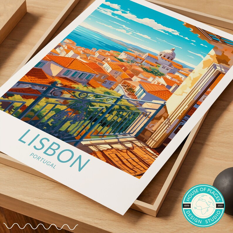 May include: A colorful illustration of Lisbon, Portugal, with a view of the city from a balcony. The city is filled with red-tiled roofs and the ocean is visible in the background. The text "LISBON PORTUGAL" is printed in blue at the bottom of the image.