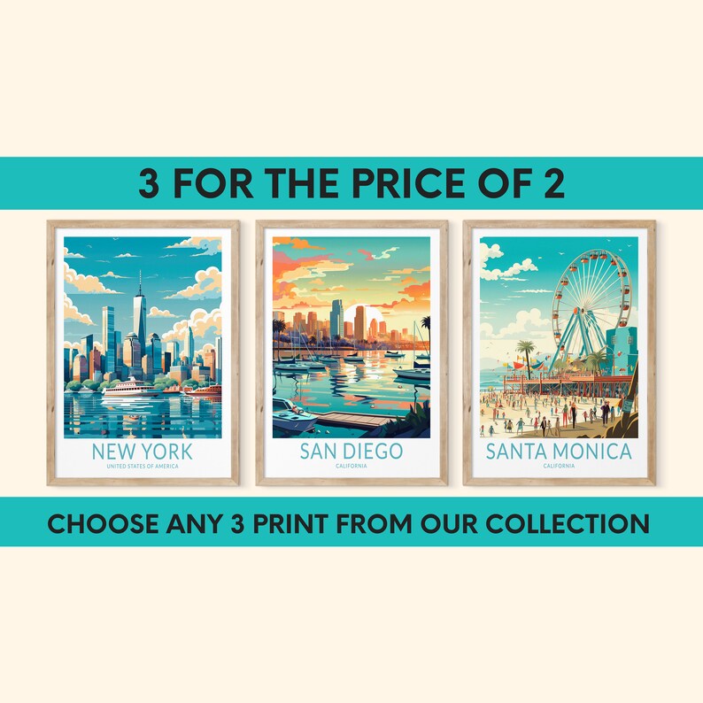 May include: Three colorful city skyline prints with the text "3 for the price of 2" and "Choose any 3 print from our collection". The prints feature New York City, San Diego, and Santa Monica.