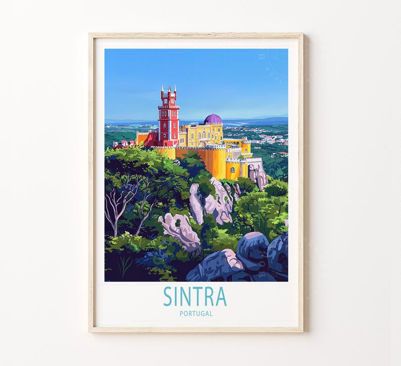 May include: A framed print of Sintra, Portugal, with a vibrant illustration of Pena Palace. The artwork depicts the palace with a red tower, yellow walls, and a purple dome, set against a backdrop of green trees and a clear blue sky.
