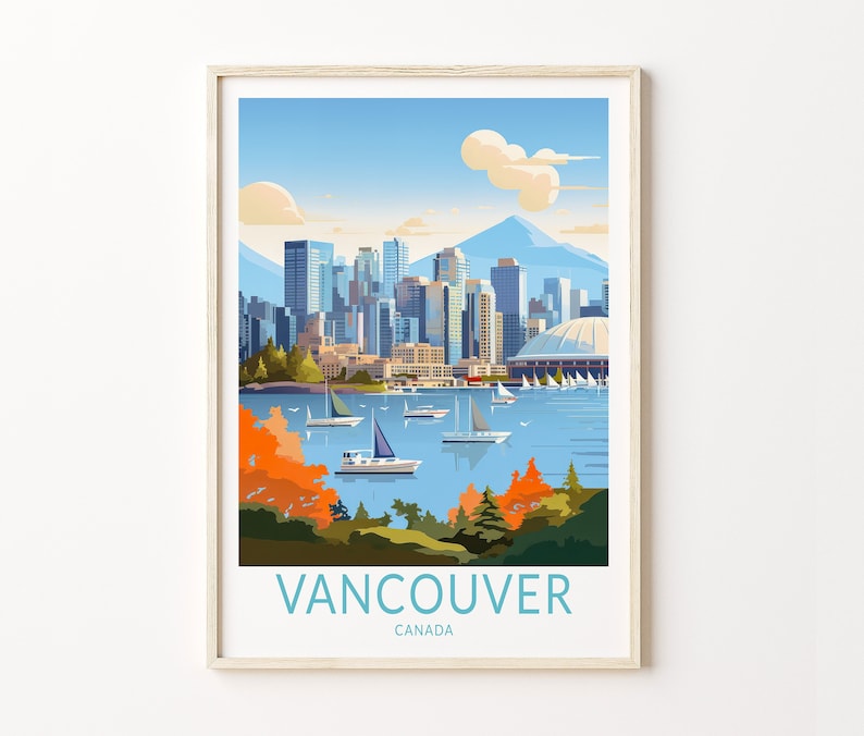 May include: A colourful illustration of the Vancouver skyline with the text "Vancouver, Canada" at the bottom. The skyline features several skyscrapers, a large stadium, and a mountain in the background. The illustration is set against a blue sky with white clouds.