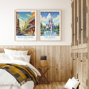 May include: Two framed travel posters, one depicting a street scene in New Orleans, Louisiana, and the other showing Cinderella's Castle at Walt Disney World in Orlando, Florida.