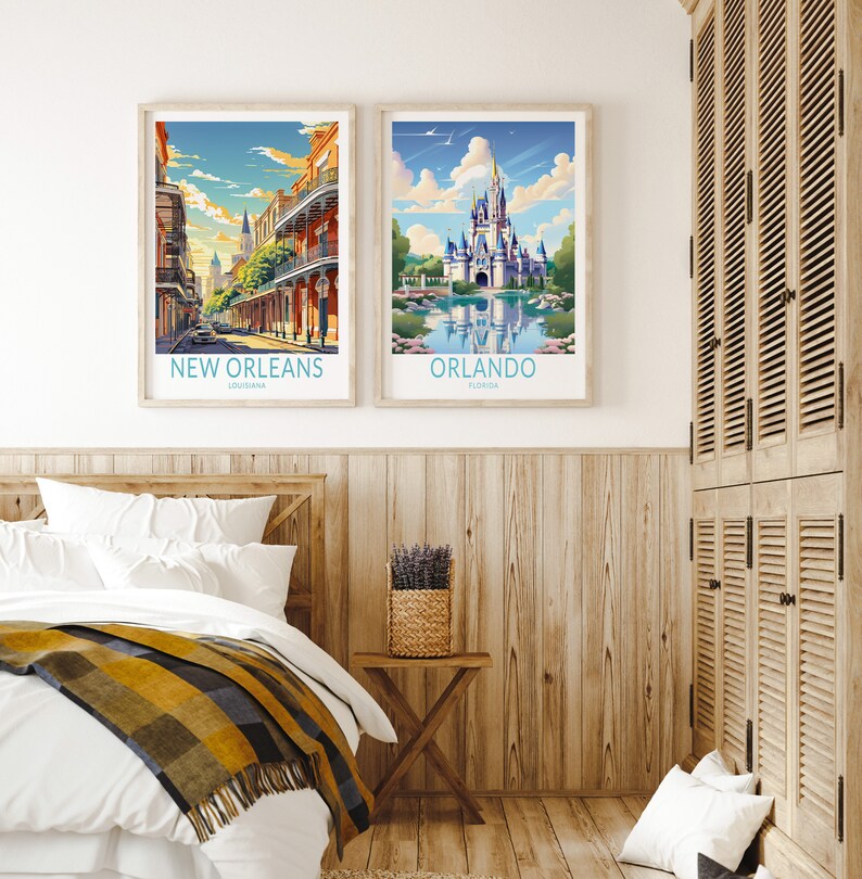 May include: Two framed travel posters, one depicting a street scene in New Orleans, Louisiana, and the other showing Cinderella's Castle at Walt Disney World in Orlando, Florida.