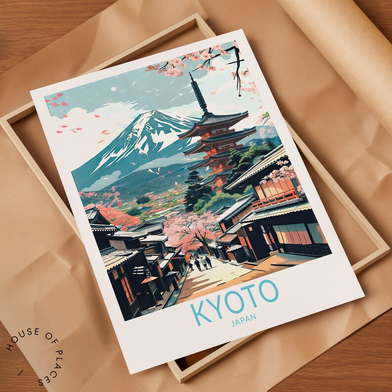 Puede incluir: Una ilustraci&oacute;n colorida de un paisaje urbano japon&eacute;s con el monte Fuji en el fondo. La escena presenta una pagoda, flores de cerezo y casas tradicionales japonesas. El texto "KYOTO JAP&Oacute;N" est&aacute; impreso en la parte inferior de la imagen.