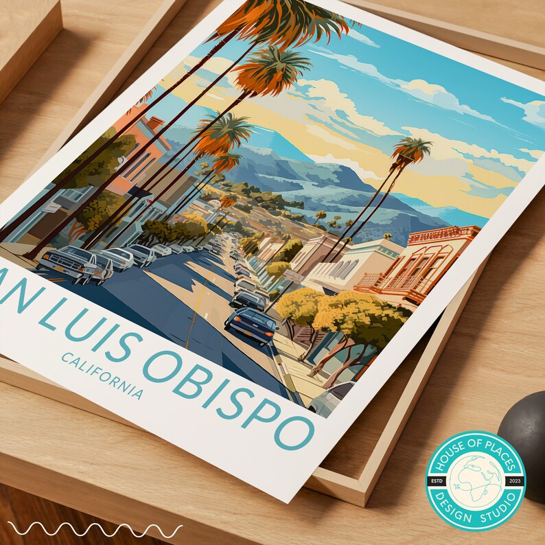 May include: A colourful illustration of a street scene in San Luis Obispo, California. The image features palm trees, buildings, and a road with cars. The text "San Luis Obispo, California" is printed at the bottom of the image.