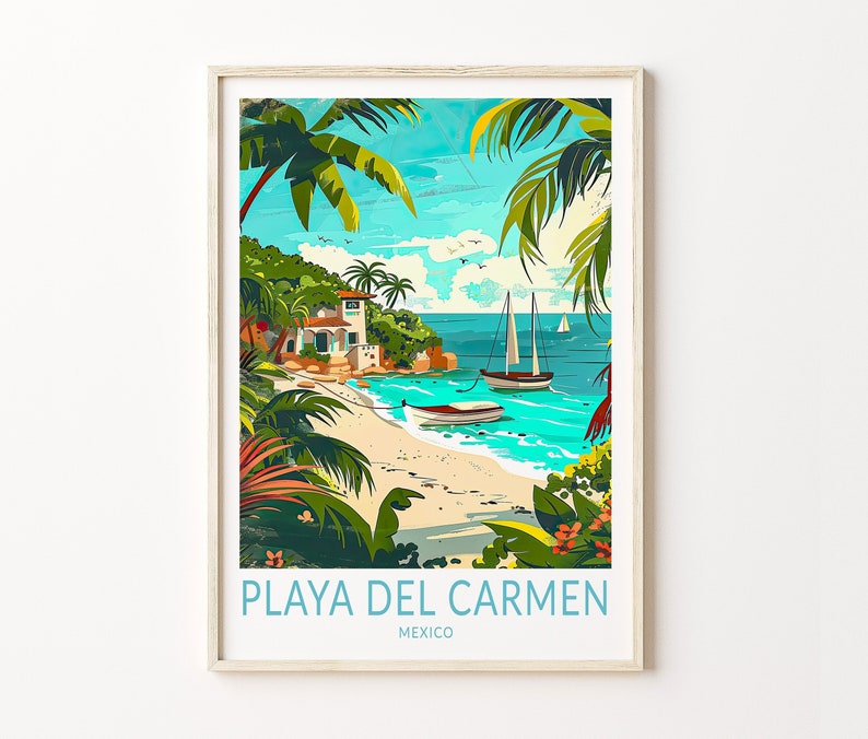 May include: A colorful illustration of a beach scene with a white house, palm trees, and sailboats in the turquoise water. The text "PLAYA DEL CARMEN MEXICO" is at the bottom of the image.
